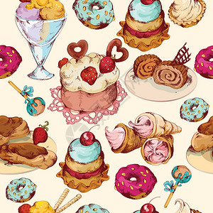 食品糖果包店糕点冰淇淋糖果素描彩色无缝图案矢量插图图片