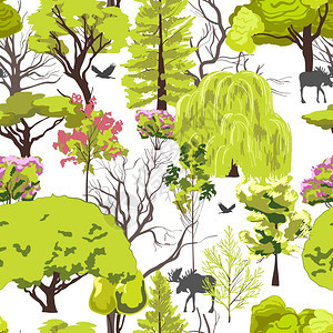 装饰夏季春季森林树木叶片开花与野生动物无缝图案抽象素描矢量插图图片