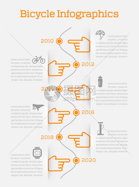 时间线商业信息与自行车元素配件图标矢量插图图片