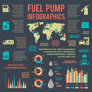 汽车汽油燃料泵站服务信息图表与世界上的黑色背景矢量插图图片