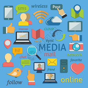 社交媒体标志为平风格的博客网络营销传播矢量插图图片