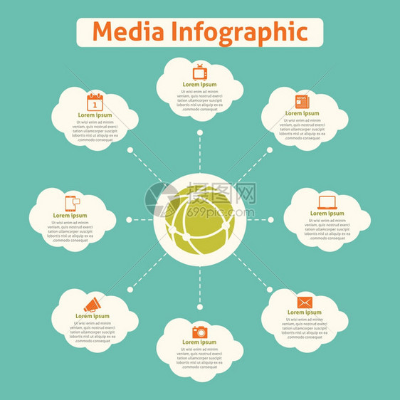 媒体全球信息与云通信图标矢量插图图片