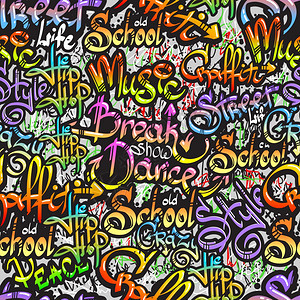 涂鸦喷漆表情街头疯狂舞蹈秀词无缝彩色图案素描Grunge矢量插图图片