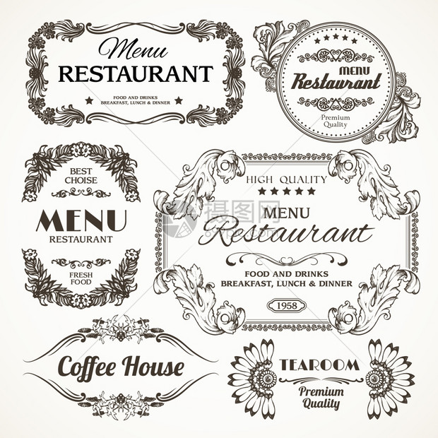 优雅的花卉书法复古风格装饰餐厅菜单标签矢量插图图片
