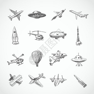 飞机直升机用航空飞机草图图标孤立矢量插图图片