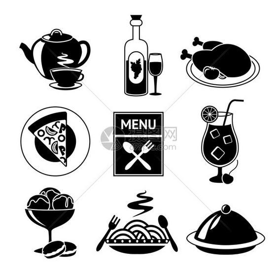 餐厅食品饮料菜单装饰黑白图标孤立矢量插图图片