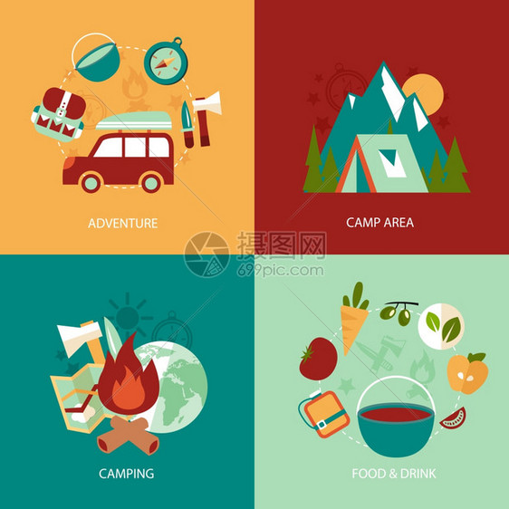 商业平图标集露营区冒险食品饮料信息图元素矢量插图图片