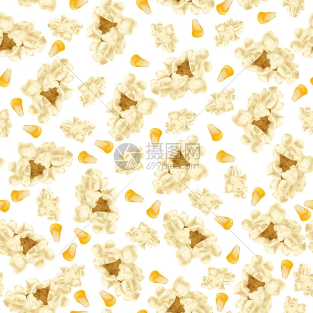 现实的白色爆米花与黄色玉米种子,快餐无缝图案矢量插图图片