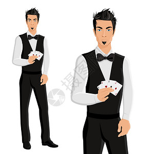 英俊的轻人赌场经销商与卡片肖像隔离白色背景矢量插图图片