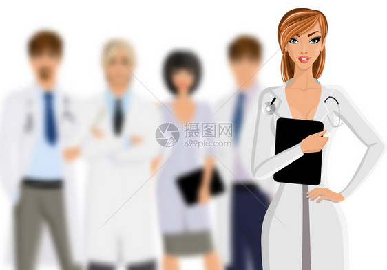 微笑的女医生与平板电脑医务人员队隔离白色背景矢量插图图片