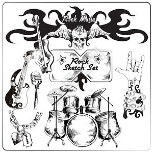 滚吉他音乐Grunge黑色素描集孤立矢量插图图片