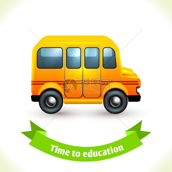 现实的学校教育巴士图标与丝带横幅隔离白色背景矢量插图图片