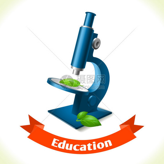 现实学校显微镜图标与丝带横幅隔离白色背景矢量插图图片