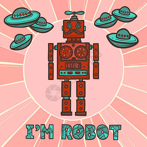 红色时髦机器人时髦复古时尚人形与UFO海报矢量插图图片