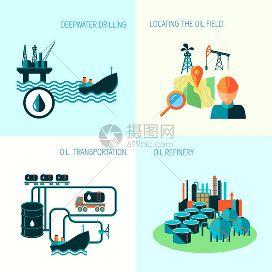 石油工业经营理念汽油柴油生产燃料分配运输四个图标成矢量图图片