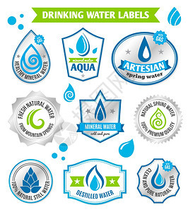 套水滴标签章为健康水瓶矢量插图图片