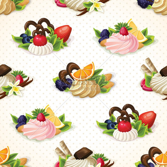 装饰糖果甜点食品无缝图案与水果坚果香草奶油矢量插图图片