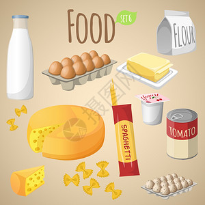 食品装饰元素收集奶瓶蛋盒粉包装分离矢量插图图片
