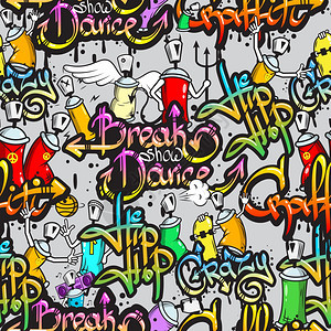 涂鸦喷漆街头艺术亚文化人物字母合无缝彩色图案素描Grunge矢量插图图片