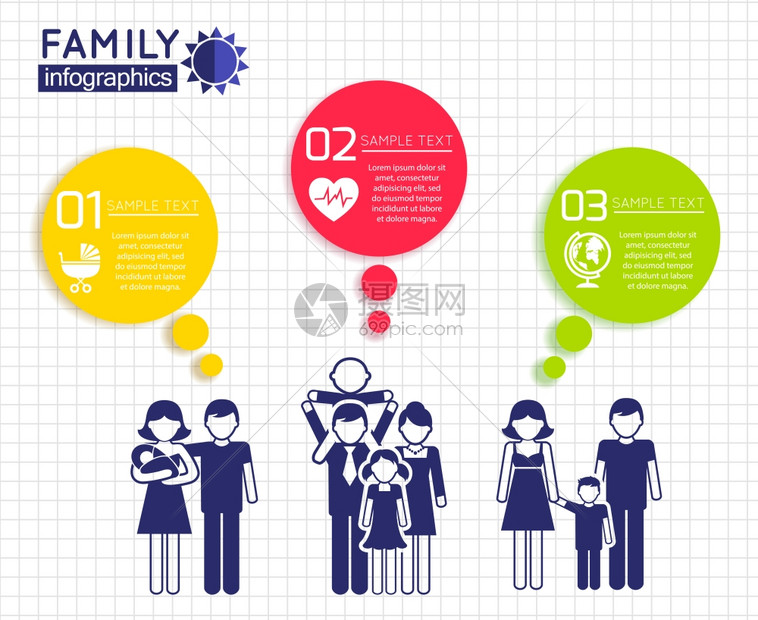 信息与家庭父母子女图标彩色语音气泡矢量插图图片