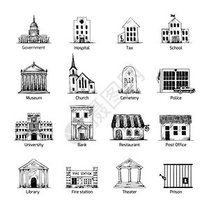 大楼图标手绘制风格的后公墓博物馆,学校教堂剧院矢量插图背景图片