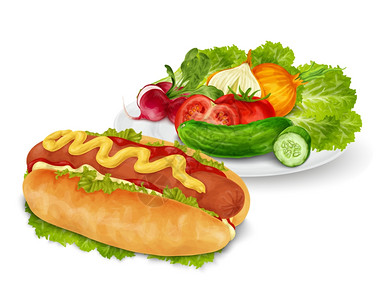热狗与芥末番茄酱快餐与蔬菜沙拉分离白色背景矢量插图图片