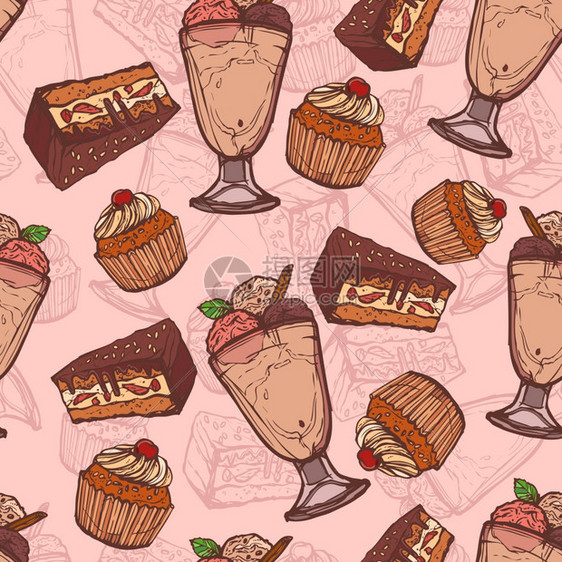 素描糖果甜点无缝图案与分层蛋糕冰淇淋矢量插图图片