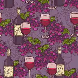 葡萄酒素描无缝图案与璃瓶葡萄枝矢量插图图片