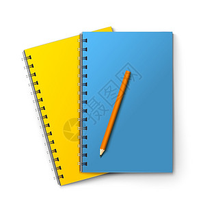 现实的蓝色黄色记事本铅笔隔离白色背景矢量插图图片