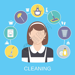 清洁家庭服务女佣图标成与洗碗机洗涤剂吸尘器抽象固体孤立矢量插图图片