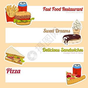 快餐店菜单美味三明治比萨饼热狗甜饮料填写模板表格横幅矢量插图图片