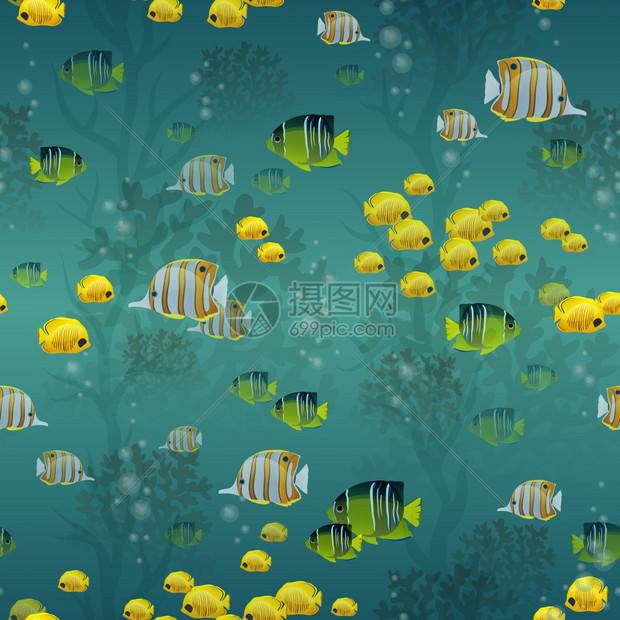 水肺潜水无缝图案与鱼类珊瑚水下矢量插图图片
