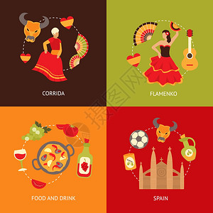 西牙语西牙文化符号斗牛海鲜饭,藤蔓,桑格里亚旅行图标成,平矢量插图插画