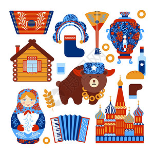 俄罗斯旅游集与复古元素图标矢量插图图片