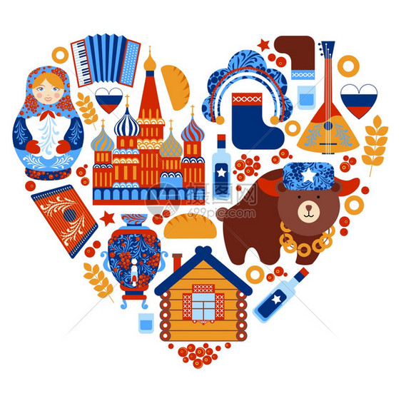 俄罗斯旅行心集与传统的民族元素图标矢量插图图片