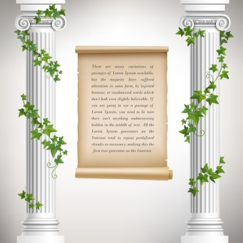 古董希腊柱与藤蔓老式卷轴海报矢量插图图片