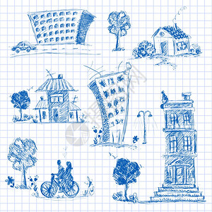 城市涂鸦集的城市建筑方格纸背景下孤立矢量插图图片
