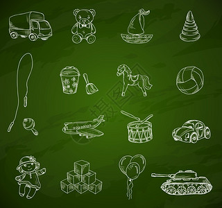 老式儿童玩具草图图标绿色黑板背景孤立矢量插图图片