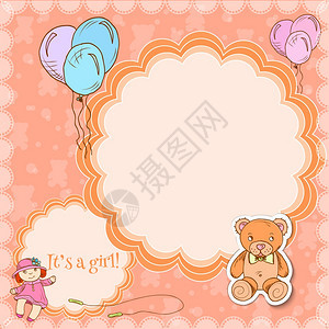玩具明信片框架模板女孩气球泰迪熊娃娃矢量插图图片