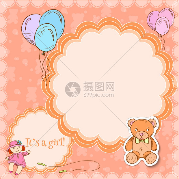 玩具明信片框架模板女孩气球泰迪熊娃娃矢量插图图片