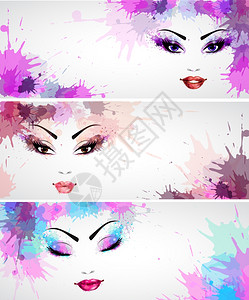 套横幅与时尚抽象的女人皱着脸与紫色粉红色蓝色化妆矢量插图图片