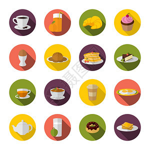 早餐食物饮料图标与茶,咖啡,牛角包三明治平矢量插图图片
