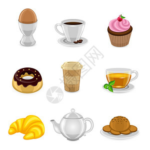 早餐食物饮料图标鸡蛋咖啡杯蛋糕牛角包孤立矢量插图图片
