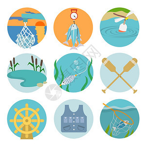 湖桨捕捉图标的平风格的彩色圆圈矢量插图背景图片
