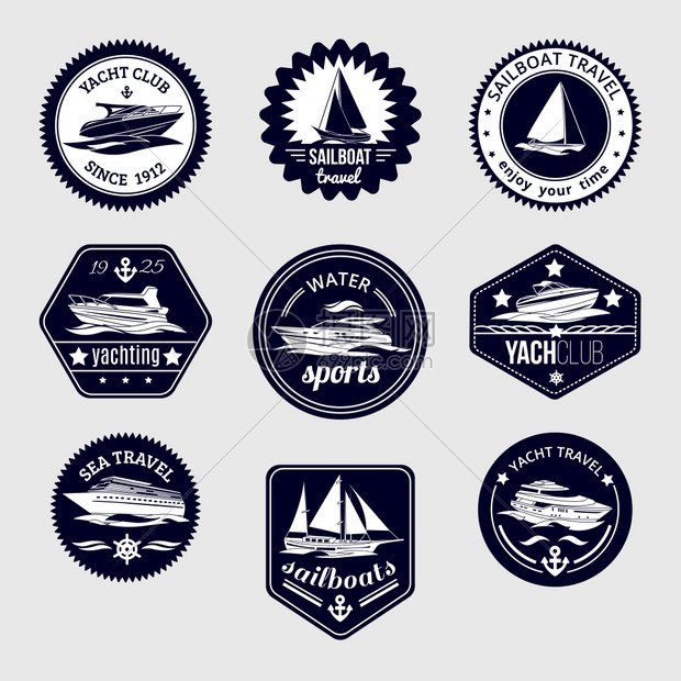 精英世界水上运动游艇俱乐部帆船海上旅行标签黑色图标孤立矢量插图图片