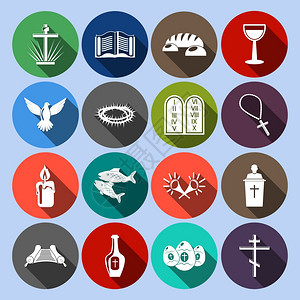 基督教传统宗教符号平图标与交叉经杯孤立矢量插图图片