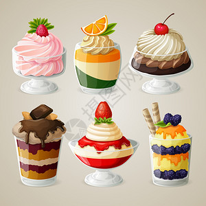 装饰糖果食品冰淇淋璃甜点与糖浆水果矢量插图图片