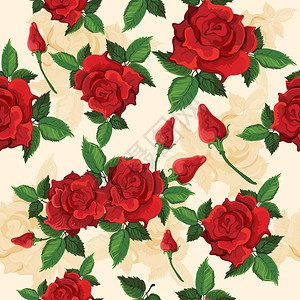 明亮的红色感,完全开放的玫瑰,复古无缝图案的礼物,并呈现包装纸矢量插图图片