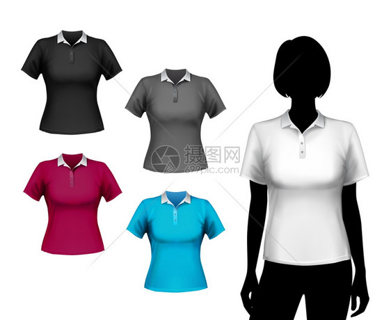 彩色马球短袖T恤女套装与女身体轮廓孤立矢量插图图片