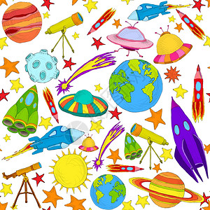 天文学行星火箭手绘彩色无缝图案矢量插图图片